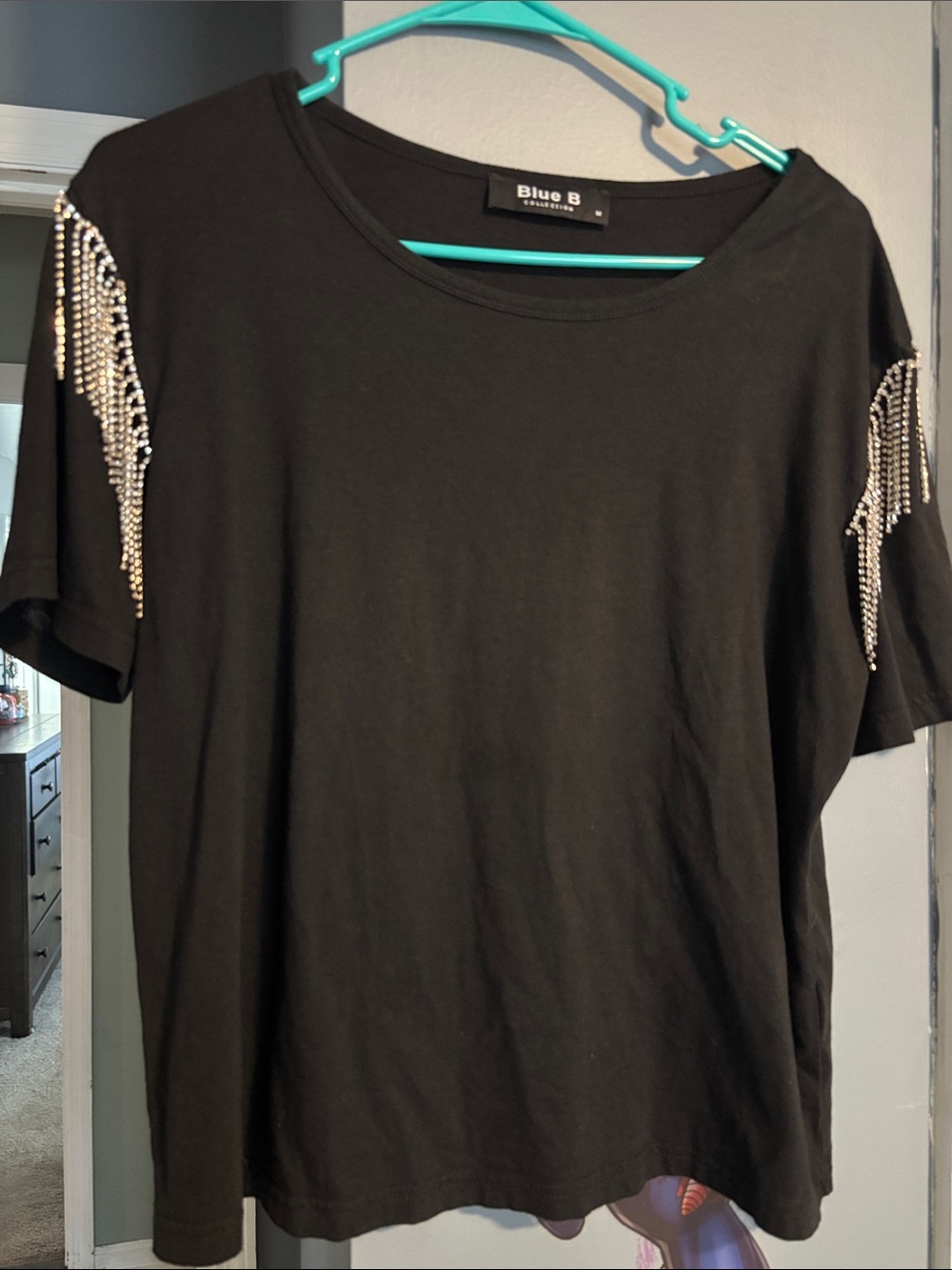 Blue B Black Short-Sleeve Tee with Shoulder Rhinestone Tassels